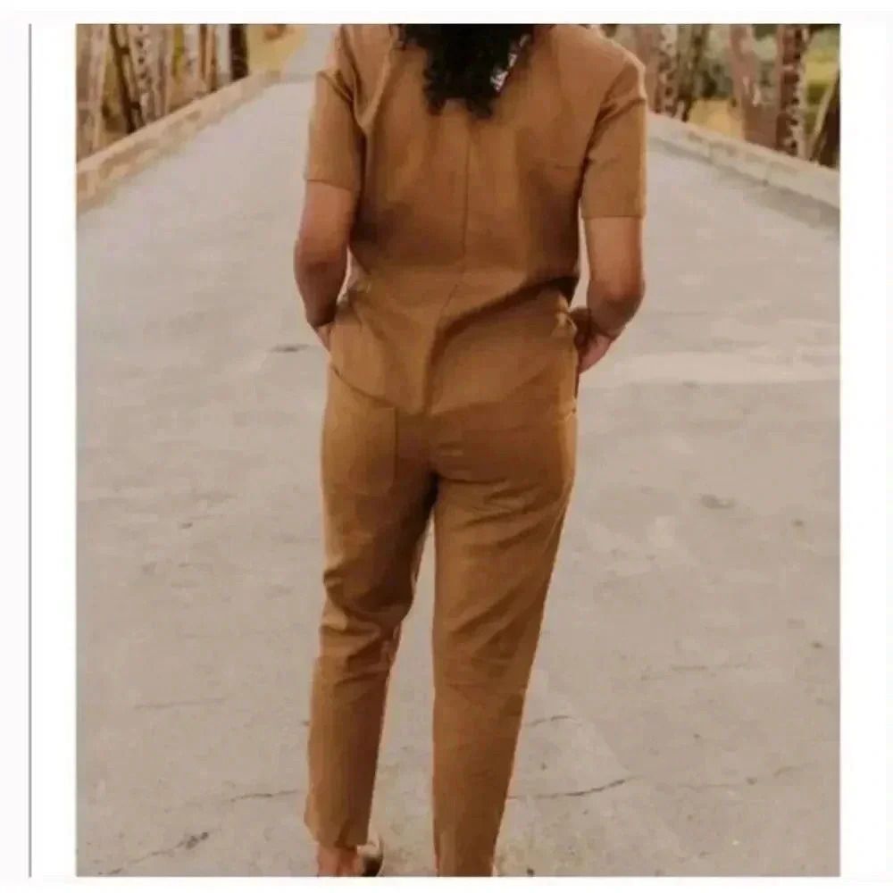Rylee & Cru Tencel Linen Blend Utility Jumpsuit Brown Romper Pockets Size M - Picture 2 of 14